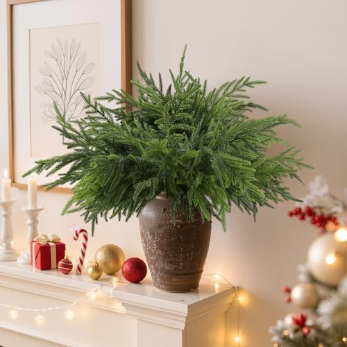 12Pcs 24 Inch Real Touch Norfolk Pine Stems, Artificial Green Plants Branches, Faux Greenery Pine Stem Fake Cedar Picks for Vase, Christmas Pine Branches for DIY Crafts Home Indoor Decor