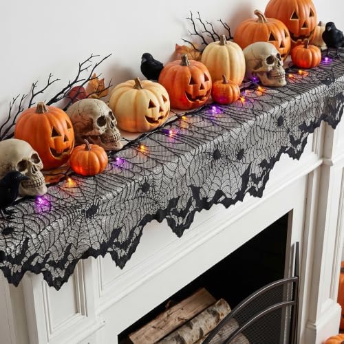 Black Lace Cobweb Halloween Fireplace Mantel Scarf Cover Decor, 18x96 in