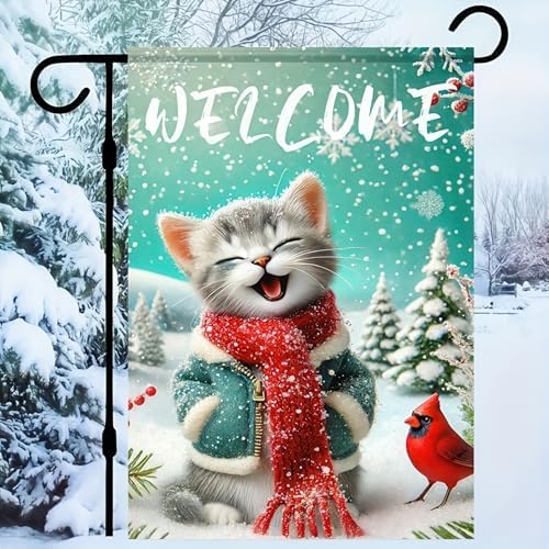 BlissYard Cat Snowflake Winter Garden Flag 12x18 Inch Polyester