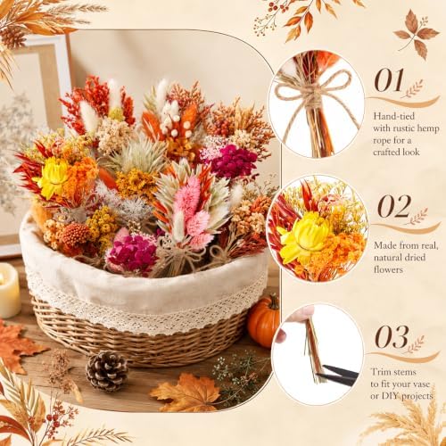 24pcs Fall Dried Flowers 6-7" Mini Boho Floral Bouquets Assortment