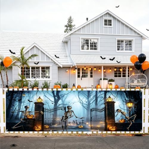 118"x35" Extra Large Happy Halloween Banner Big Spooky Halloween Backdrop for Giant Outdoor Yard Easy Hang with Ropes&Grommets–Perfect for Fence, Porch, Garden, Haunted House Party Signs (Skeleton Gate, 118"x35")