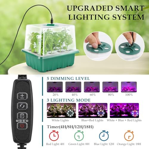 Seed Starter Tray with Grow Light, 60 Flexible Cells 5 PCS Seed Starter Kit, Reusable Seedling Starter Trays with Humidity Dome and High Lid, Germination Trays for Indoor Greenhouse Seed Starter