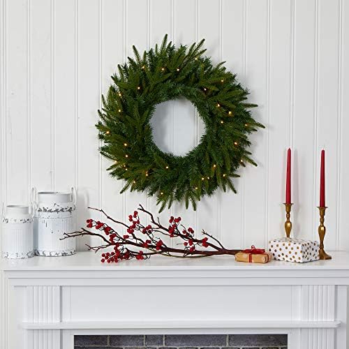 Nearly Natural 24 in Artificial Long Pine Wreath with 35 Clear LED Lights