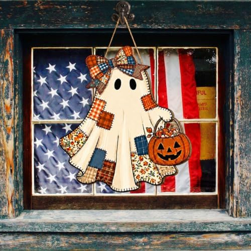 Patchwork Ghost Wood Door Hanger, Halloween Pumpkin Basket Farmhouse Sign