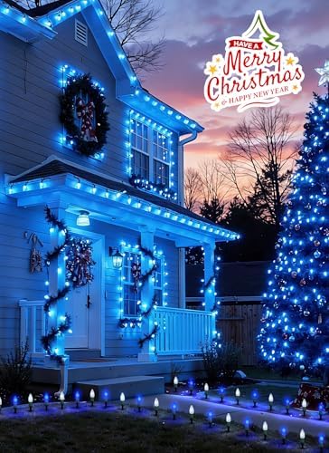 Brightown C9 Christmas Lights Outdoor, 25.7 Ft Strawberry C9 Christmas Pathway Lights with 20 LED Bulbs and Stakes, Christmas Decorations Outside Walkway Sidewalk Holiday, Blue and White