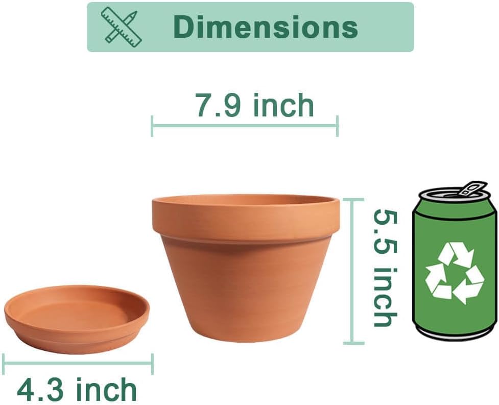 8 Inch Terracotta Pots with Saucer - 1 Pack Large Terra Cotta Pot with Drainage Hole, Clay Planters Pot for Indoor