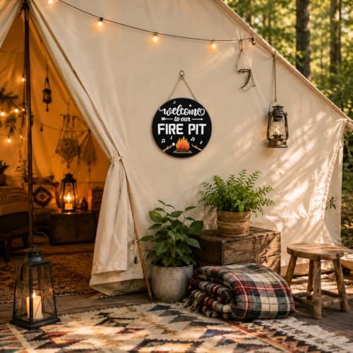 Smile Camping Wooden Round Door Hanger, Welcome to Our Fire Pit Campfire Music Note Arrow Door Sign for Outdoor Patio Porch Backyard Home Decorations