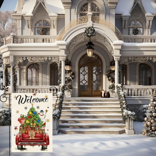 Winter Christmas Garden Flag, Red Truck with Holiday Elements, 12x18 Inches, Double Sided, Burlap, Weather & Fade Resistant