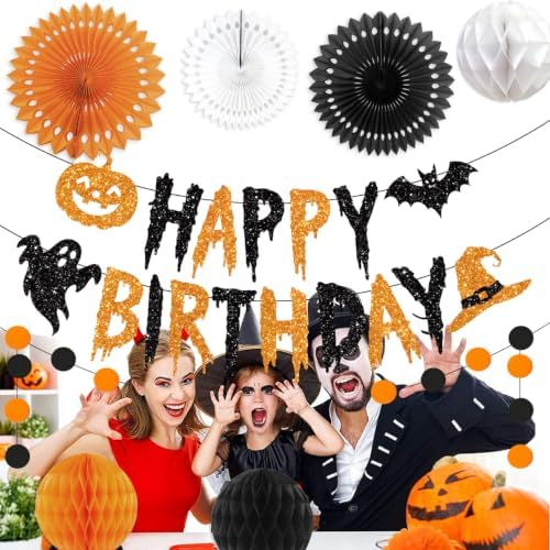 Halloween Birthday Decorations Banner with Honeycomb Ball Hanging Tissue