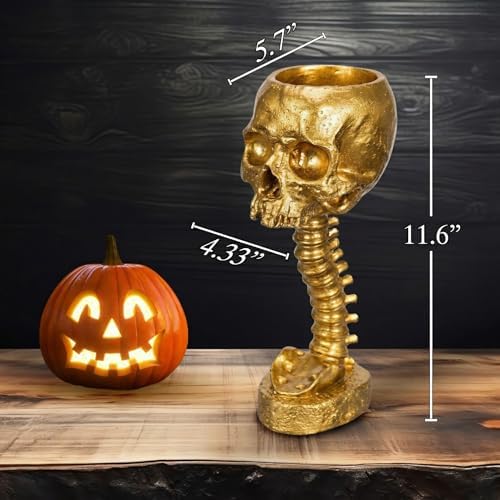 Skull Planter Spine Gothic Vase - Gold Spinal Skull Candy Bowl, Horror 11.6" Halloween Flower Vase Goth Decor, Spooky Home Decor Skeleton Planter Pot, Candle Holder, Spooky Gifts For Women, Girlfriend