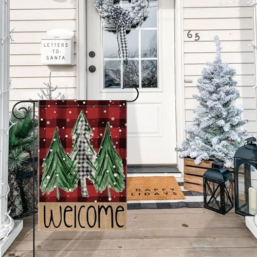 Welcome Red Buffalo Plaid Christmas Trees Garden Flag 12 x 18 Inch Vertical Double Sided Buffalo Plaid Red Holiday Yard Outside Xmas Decor