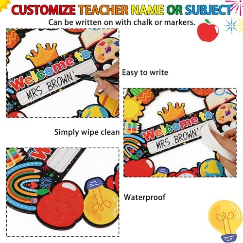 Welcome Sign for Classroom Door Decor Personalized Teacher Door Sign Name Wreath Welcome to Our Classroom Hanging Sign Back to School Hollow Hanger for Front Door School Teacher Supplies