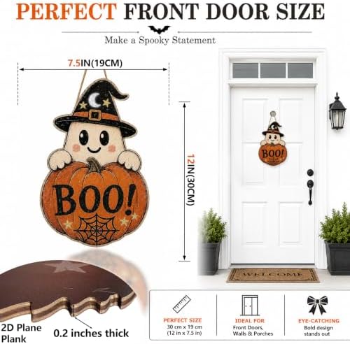 Halloween Decoration Door Sign Wooden Witch Hat Ghost Boo Pumpkin Hanging