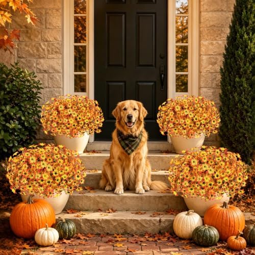 12 Pcs Artificial Fall Flowers for Outdoors, UV Resistant Fake Mums Porch