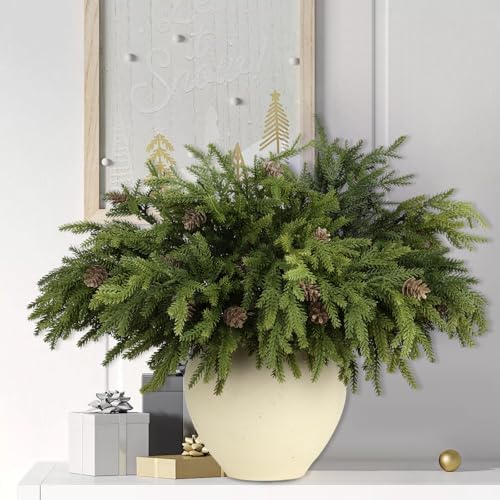 24Pcs Full Realistic Greenery Christmas Pine Branches Stems with Pine Cones