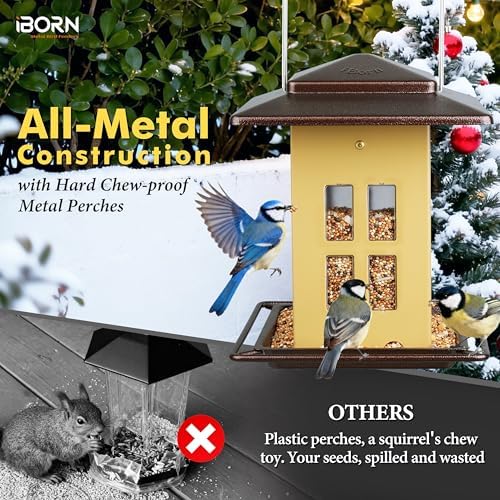 iBorn Bird Feeders for Outdoors, Metal Bird Feeder, Wild Bird Feeders for Cardinal, 2.3LBS Capacity,18cm Large Roof, Lantern Style, Black (Muted Yellow)