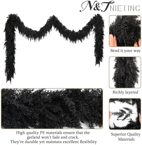 2PCS 9FT Halloween Cedar Garland, Black Real Touch Christmas Decorations