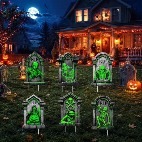 6Pc Halloween Glow in The Dark Skull Yard Signs Decorations Outdoor