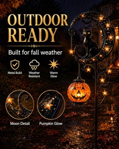 Halloween Garden Decorations Solar Cat Garden Lights Stake Outdoor Lantern Pumpkin Moon Yard Black Cat Waterproof Night Decor Holiday Jack Star LED Pathway Lawn Porch (C)