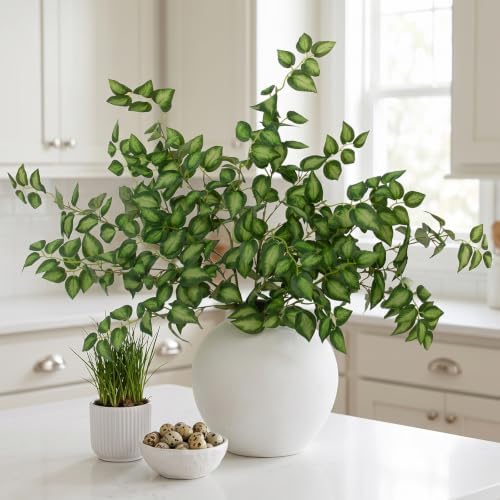 Daynight 6 Pcs Artificial Eucalyptus Leaves Stems, 35″ Long Stem Silk Plum Foliage Branches, Flexible Silk Faux Greenery for Farmhouse, Home, Kitchen and Table Centerpiece DIY Decor (6, Green)