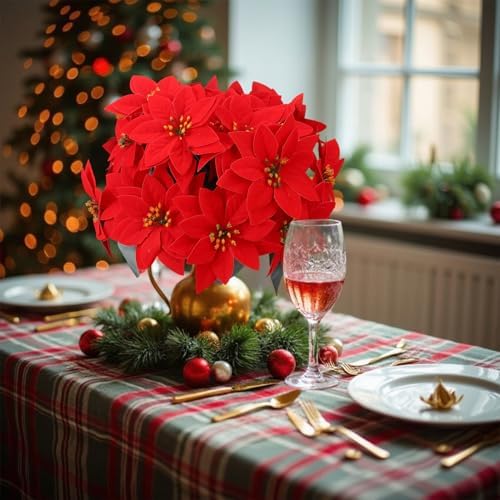 9 Pack Christmas Artificial Poinsettia Flowers 7 Heads Red Flower