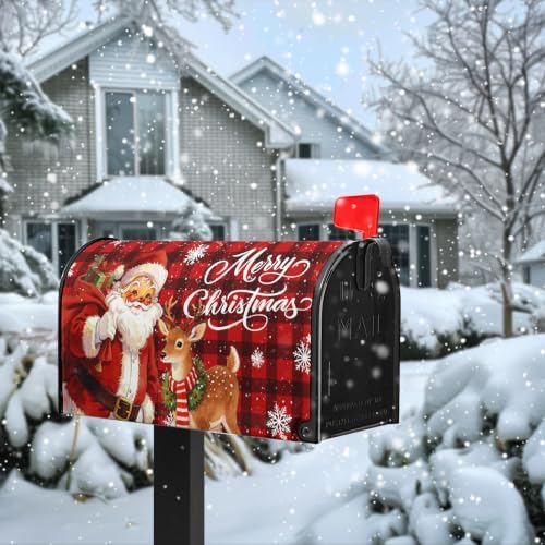 Christmas Santa Mailbox Covers Magnetic 21 x 18 Inch Xmas Deer Mailbox Cover Red Black Buffalo Plaid Holiday Post Box Letter Wraps Standard Size for Garden Outdoor Decor