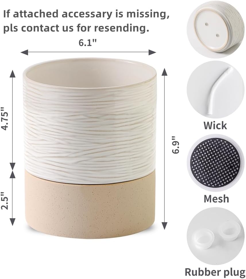 Nihow Ceramic Self Watering Plant Pot for Indoor Plants, 6 Inch,Cream White | Planter with Cotton Wick, Drainage Hole &