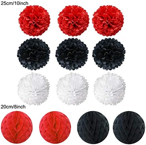 Tissue Paper Pom Poms, Recosis Paper Flower Ball for Birthday Party Wedding Baby Shower Bridal Shower Festival Decorations, 18 Pcs - Red Black White