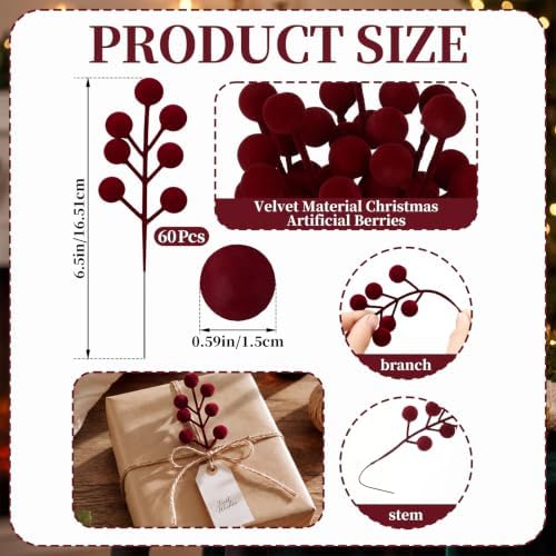 60 Pcs Burgundy 6.5 Inch Christmas Holly Berry Stems