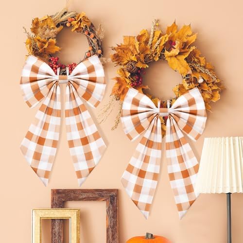 Suncalla 2 Pcs Orange Fall Plaid Wreath Bows 18'' x 12''