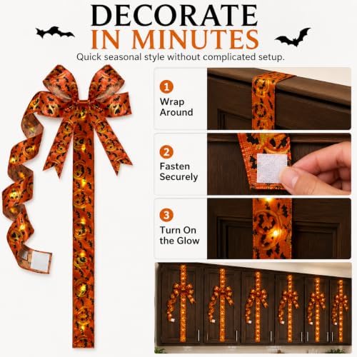 Halloween Cabinet Bow Decor, Light-Up Pumpkin Ribbon Wreath Sash (8 PCS A)