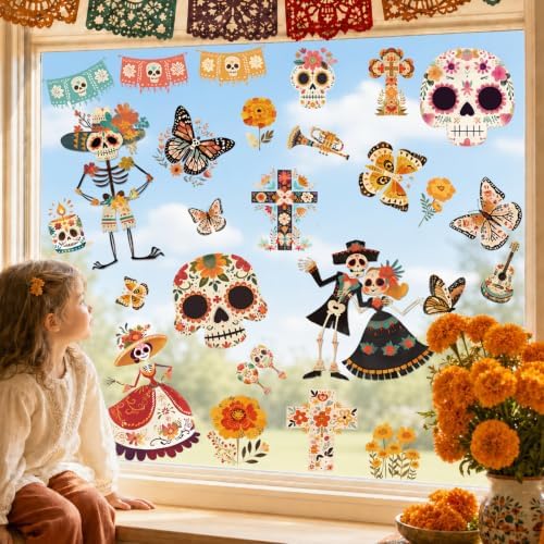 9 Sheets Day of The Dead Window Clings Dia De Los Muertos Decorations Decal