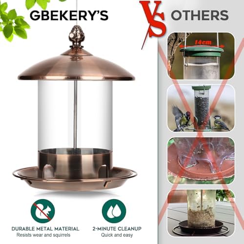 Gbekery Metal Bird Feeders for Outdoors Hanging, Weather Resistant Wild Bird Feeder with 360 Degree Feeding Tray, Copper