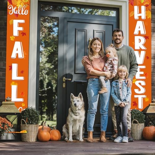 Fall Harvest Banner Porch Sign Autumn Pumpkin Porch Hanging Banners for Fall Thanksgiving Indoor Outdoor Home Office Farmhouse Decorations, 12 x 71 inch