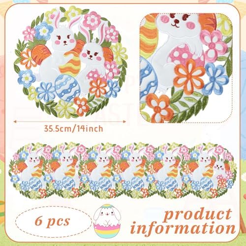 6 Pcs Easter Embroidered Placemats Double Layer Applique Bunny Egg Floral Placemat for Home Dining Holiday Easter Spring Table (Bunny, Egg, 14 x 14 Inch)