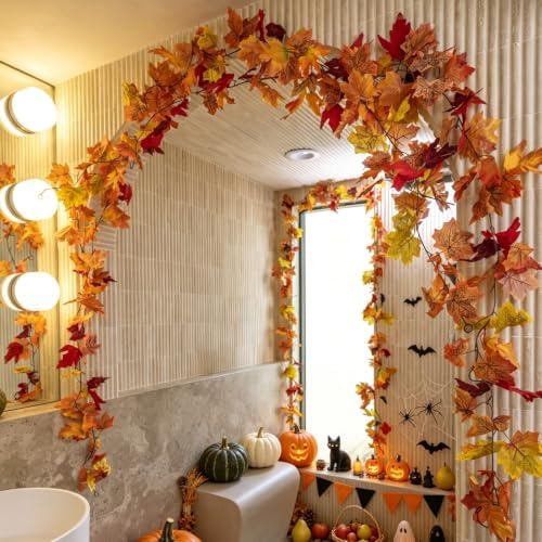 CQURE 18 Pack Artificial Fall Leaf Garland (106.2Ft Total), Autumn Garland Maple Leaves Vines for Thanksgiving Home Fireplace Arch Decor