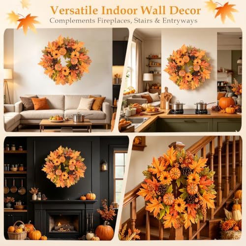 Wellsign 24 Inch Fall Wreath for Front Door Outside with Metal Hanger