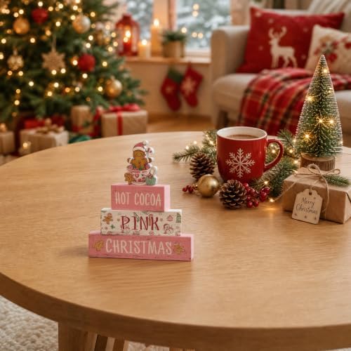 Smile 4 Wooden Christmas Signs, Hot Cocoa Pink Gingerbread Decor