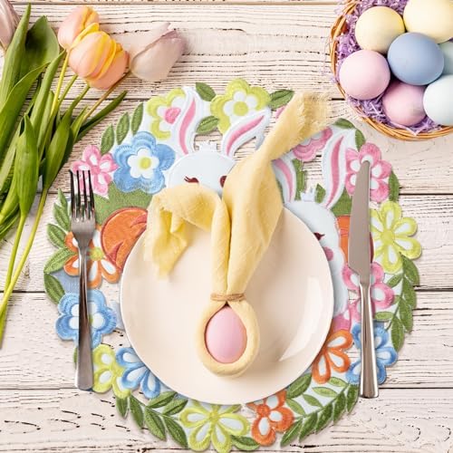 6 Pcs Easter Embroidered Placemats Double Layer Applique Bunny Egg Floral Placemat for Home Dining Holiday Easter Spring Table (Bunny, Egg, 14 x 14 Inch)