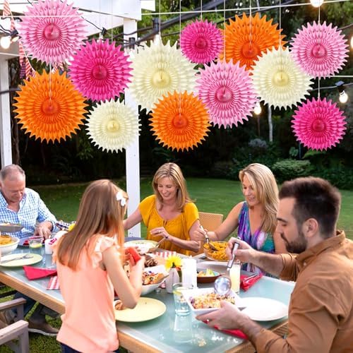 12PCS Paper Fans Hot Pink and Orange Party Decorations Tissue Paper Flowers Decorations for Girl Groovy Birthday Baby Shower Wedding Bachelorette Room Wall Hanging Décor