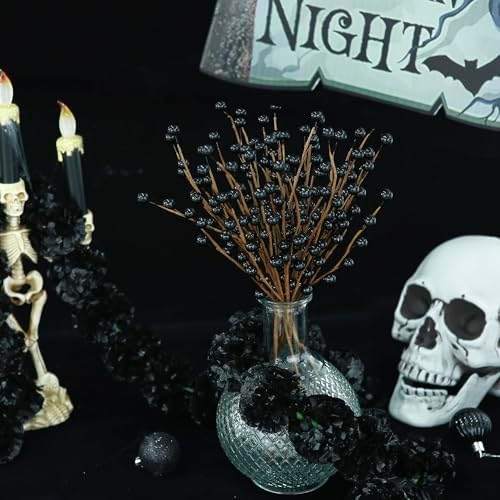 12 Pack14 Black Holly Berry Stems Halloween Ornaments Artificial Berry Stems Fake Holly Berry Picks for Christmas Tree Halloween Vase DIY Wreath Crafts Home Decor