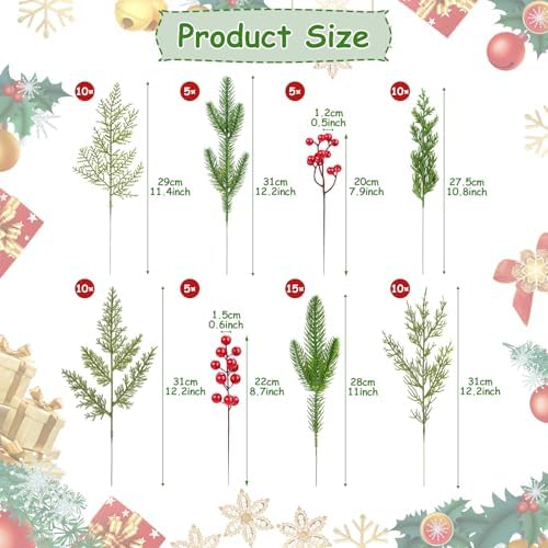 70 PCS Artificial Pine Branches with Berries, Christmas Greenery Fake Pine Needle Faux Red Berry Stems, Christmas Floral Picks for DIY Crafts Wreath Garland Home Décor