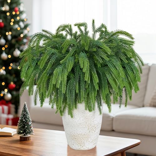 4PCS Christmas Norfolk Pine Branches with 2 Pine Cone Stems