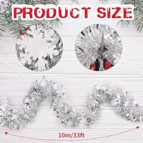 FOIMAS 33 Feet Christmas Tinsel Garland, Metallic Silver Christmas Snowflake Hanging Garland for Xmas Tree Fireplace Home Decoration (Silver)