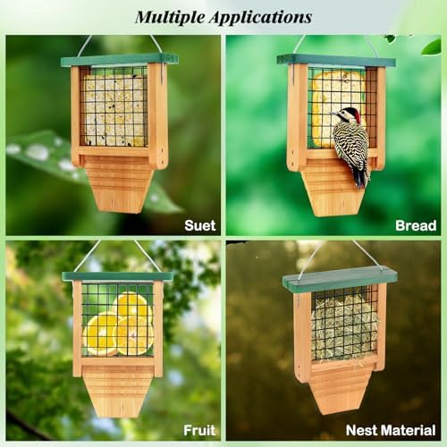 Gbekery Wooden Suet Feeder with Tail Prop for Outside Hanging, Green Roof