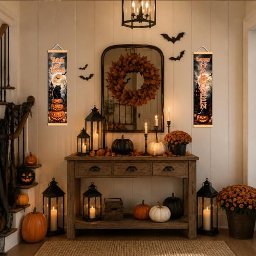 Black Cat Halloween Door Banner Set of 2, Halloween Porch Decor for Home