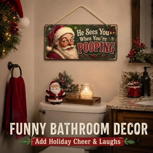 Christmas Decorations - He Sees You When You're Pooping Funny Santa Sign