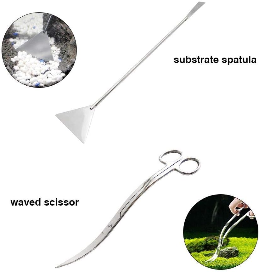 Aquascaping Tools 7 in 1 Kit Aquarium Plant Scissors Tools Set Curved & Waved Scissor Tweezers Spatula Stainless Steel