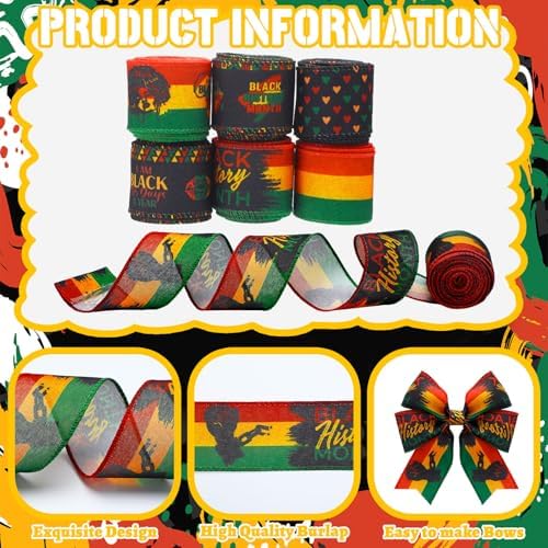 12 Rolls Black History Month Ribbons 2 Inch x 60 Yards Wired Edge Fabric Ribbons Craft Black History Month Themed Pattern Wrapping Crafts for DIY Gift Hair Bows Sewing Wreath 12 Styles