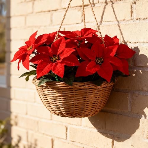 18'' Poinsettias Flowers Artificial Christmas Flowers 5 Packs Silk Red Poinsettia 7 Heads Fake Floral Bouquet with Stem for Indoor Outdoor Christmas Decoration